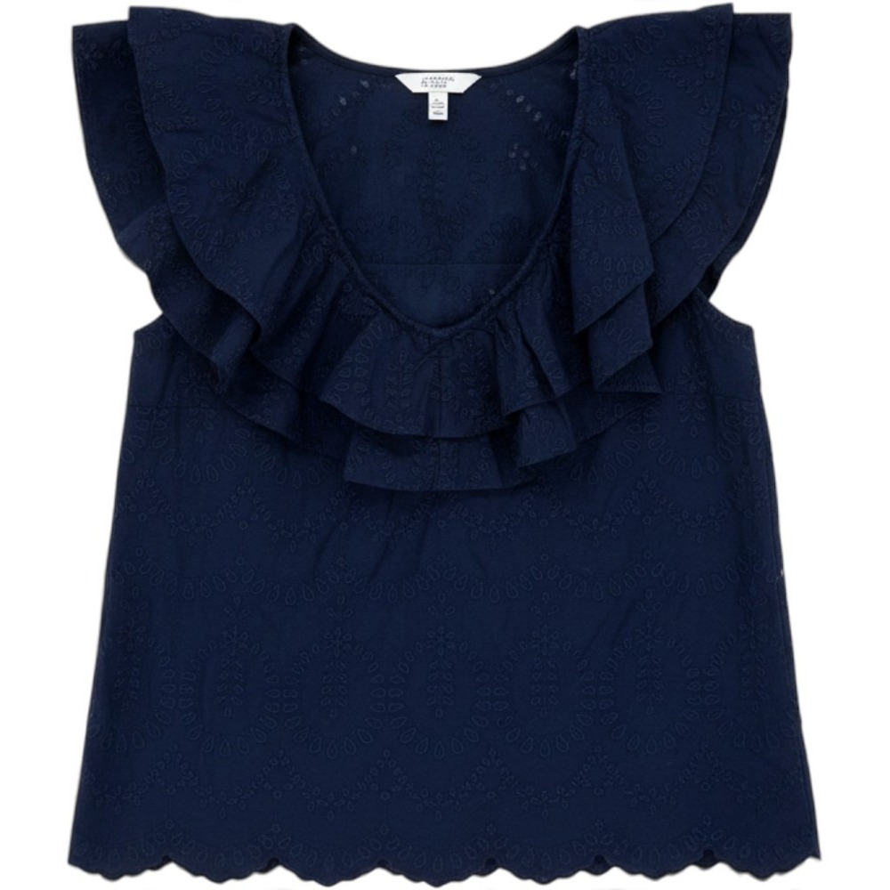 Crown & Ivy Navy Blue Eyelet Ruffle V-Neck Sleeveless Blouse Scalloped Hem Med